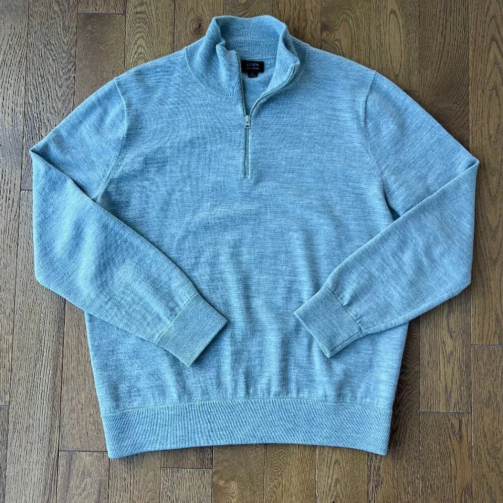 J.Crew 100% Merino Wool Quarter Zip Sweater Mens‎ L Gray Lightweight Pullover
